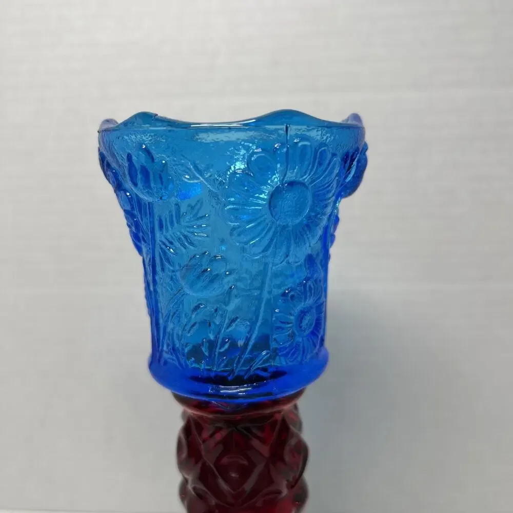 MCM Blue Glass Pegged Cup Votive Sconce Candle Holder Floral Daisy Tulip
